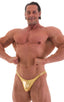mens posing suit with fitted pouch and puckered butt bodybuilder bikini half back in metallic gold; Posing Suit - Fitted Pouch - Puckered Back in Metallic Liqui