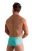 pouch enhanced micro square cut swim trunks in Aquamarine, Front View; Pouch Enhanced Micro Square Cut Swim Trunks in Aquamarine, Rear View; Pouch Enhanced Micr