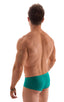 pouch enhanced micro square cut swim trunks in Deep Jade, Front View; Pouch Enhanced Micro Square Cut Swim Trunks in Deep Jade, Rear View; Pouch Enhanced Micro 