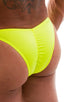 mens sexy bikini fitted pouch scrunchie rear in neon yellow; Posing Suit - Fitted Pouch - Puckered Back in Neon Chartreuse, Rear View; Posing Suit - Fitted Pouc