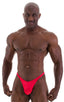 mens posing suit with fitted pouch and fitted puckered butt bodybuilder bikini in wet look red; Fitted Pouch - Puckered Back - Posing Suit in Wet Look Lipstick 