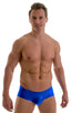 Pouch Enhanced Micro Swim Trunks in Royal Blue, Front View; Pouch Enhanced Micro Swim Trunks in Royal Blue, Rear View; Pouch Enhanced Micro Swim Trunks in Royal