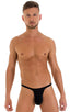 T Back Thong Swimsuit - Bravura Pouch in Super ThinSKINZ Black, Front View; T Back Thong Swimsuit - Bravura Pouch in Super ThinSKINZ Black, Rear View; T Back Th