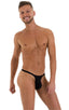 T Back Thong Swimsuit - Bravura Pouch in Super ThinSKINZ Black, Front View; T Back Thong Swimsuit - Bravura Pouch in Super ThinSKINZ Black, Rear View; T Back Th
