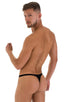 T Back Thong Swimsuit - Bravura Pouch in Super ThinSKINZ Black, Front View; T Back Thong Swimsuit - Bravura Pouch in Super ThinSKINZ Black, Rear View; T Back Th