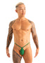 Teardrop G String Swim Suit in Black, Front View, Teardrop G String Swim Suit in Black, Rear View, Special Order Notice, Teardrop G String Swim Suit in Black, Man wearing a green thong with tribal arm tattoos on a white background