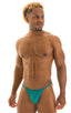 mens smooth large pouch t back thong swimsuit sexy swimwear bikini in Deep Jade; Smooth Pouch Skinny Sides Swim Thong in Deep Jade, Rear View; Smooth Pouch Skin