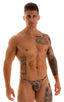 mens micro pouch thong back sexy swimsuit in swimwear fabric sheer Cheeta; Stuffit Pouch Thong in Super ThinSKINZ Cheeta, Rear View; Stuffit Pouch Thong in Supe