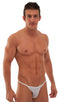 mens super low brazilian bikini in sheer white peep show skinz man swimsuit; Super Low Brazilian Bikini in White Peep Show, Rear View; Super Low Brazilian Bikin