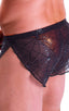Swimsuit Cover Up Split Running Shorts in Semi Sheer Black Spiderweb mesh, Front View; Swimsuit Cover Up Split Running Shorts in Semi Sheer Black Spiderweb mesh