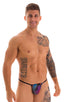 mens micro g string thong swimsuit bikini in Super Aquarious Mesh; G String Swimsuit - Adjustable Pouch in Super Aquarious Mesh with Black Strings, Rear View; 