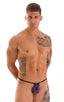 mens micro g string thong swimsuit bikini in Super Aquarious Mesh; G String Swimsuit - Adjustable Pouch in Super Aquarious Mesh with Black Strings, Rear View; 