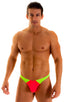 Color Blocked T Back Thong Swimsuit in ThinSKINZ Neon Coral and Lime, Front View; Color Blocked T Back Thong Swimsuit in ThinSKINZ Neon Coral and Lime, Rear Vie