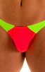 Color Blocked T Back Thong Swimsuit in ThinSKINZ Neon Coral and Lime, Front View; Color Blocked T Back Thong Swimsuit in ThinSKINZ Neon Coral and Lime, Rear Vie