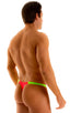 Color Blocked T Back Thong Swimsuit in ThinSKINZ Neon Coral and Lime, Front View; Color Blocked T Back Thong Swimsuit in ThinSKINZ Neon Coral and Lime, Rear Vie