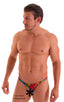 Stuffit Pouch Thong in Semi Sheer Tropical Feathers Printed Mesh, Front View; Stuffit Pouch Thong in Semi Sheer Tropical Feathers Printed Mesh, Rear View; Stuff