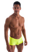 Fitted Pouch - Boxer - Swim Trunks in ThinSKINZ Neon Chartreuse, Front View; Fitted Pouch - Boxer - Swim Trunks in ThinSKINZ Neon Chartreuse, Rear View; Fitted 