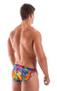 Swimsuit Cover Up Split Running Shorts in Mesh Tropical Feathers, Front View; Swimsuit Cover Up Split Running Shorts in Mesh Tropical Feathers, Rear View; Speci