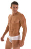 Pouch Brief Swimsuit in White Powernet and Super ThinSKINZ White, Front View; Pouch Brief Swimsuit in White Powernet and Super ThinSKINZ White, Rear View; Pouch