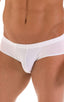 Pouch Brief Swimsuit in White Powernet and Super ThinSKINZ White, Front View; Pouch Brief Swimsuit in White Powernet and Super ThinSKINZ White, Rear View; Pouch