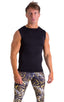 Sleeveless Lycra Muscle Tee in Super ThinSKINZ Black, Front View; Sleeveless Lycra Muscle Tee in Super ThinSKINZ Black, Rear View; Sleeveless Lycra Muscle Tee i