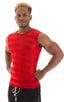 Sleeveless Lycra Muscle Tee in Red Satin Stripe Mesh, Front View; Sleeveless Lycra Muscle Tee in Red Satin Stripe Mesh, Rear View; Sleeveless Lycra Muscle Tee i