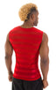Sleeveless Lycra Muscle Tee in Red Satin Stripe Mesh, Front View; Sleeveless Lycra Muscle Tee in Red Satin Stripe Mesh, Rear View; Sleeveless Lycra Muscle Tee i