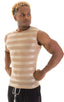 Sleeveless Lycra Muscle Tee in Sand Satin Stripe Mesh, Front View; Sleeveless Lycra Muscle Tee in Sand Satin Stripe Mesh, Rear View; Sleeveless Lycra Muscle Tee