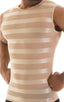 Sleeveless Lycra Muscle Tee in Sand Satin Stripe Mesh, Front View; Sleeveless Lycra Muscle Tee in Sand Satin Stripe Mesh, Rear View; Sleeveless Lycra Muscle Tee