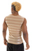 Sleeveless Lycra Muscle Tee in Sand Satin Stripe Mesh, Front View; Sleeveless Lycra Muscle Tee in Sand Satin Stripe Mesh, Rear View; Sleeveless Lycra Muscle Tee