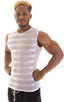 Sleeveless Lycra Muscle Tee in White Satin Stripe Mesh, Front View; Sleeveless Lycra Muscle Tee in White Satin Stripe Mesh, Rear View; Sleeveless Lycra Muscle T