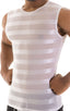 Sleeveless Lycra Muscle Tee in White Satin Stripe Mesh, Front View; Sleeveless Lycra Muscle Tee in White Satin Stripe Mesh, Rear View; Sleeveless Lycra Muscle T