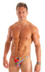 mens seamless pouch tiny bikini swimsuit brief skinz swimwear in sheer Hibiscus Print on Mesh 1; Mens Seamless Pouch Bikini Swimsuit in Hibiscus Print on Mesh 2