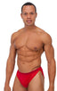 Swimsuit Cover Up Split Running Shorts in Red Stretch Mesh, Front View; Swimsuit Cover Up Split Running Shorts in Red Stretch Mesh, Rear View; Special Order Not