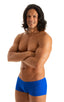 mens swimwear extreme low square cut swimsuit boxer trunks by skinz swimwear in Royal Blue Powernet; Extreme Low Square Cut Swim Trunks in Royal Blue Powernet 2