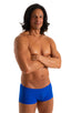 mens swimwear extreme low square cut swimsuit boxer trunks by skinz swimwear in Royal Blue Powernet; Extreme Low Square Cut Swim Trunks in Royal Blue Powernet 2