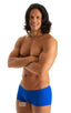mens swimwear extreme low square cut swimsuit boxer trunks by skinz swimwear in Royal Blue Powernet; Extreme Low Square Cut Swim Trunks in Royal Blue Powernet 2