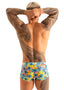 mens swimwear extreme low square cut swimsuit boxer trunks by skinz swimwear in Tan Through Lilly Lagoon fabric; Extreme Low Square Cut Swim Trunks in Tan Through Fabric