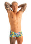 mens swimwear extreme low square cut swimsuit boxer trunks by skinz swimwear in Tan Through Lilly Lagoon fabric; Extreme Low Square Cut Swim Trunks in Tan Through Fabric