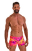 mens square cut swimsuit boxer trunks in tahitian floral by skinz swimwear; Square Cut Seamless Swim Trunks in Tahitian Sunset, Rear View; Square Cut Seamless S