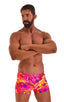 mens square cut swimsuit boxer trunks in tahitian floral by skinz swimwear; Square Cut Seamless Swim Trunks in Tahitian Sunset, Rear View; Square Cut Seamless S