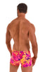 mens square cut swimsuit boxer trunks in tahitian floral by skinz swimwear; Square Cut Seamless Swim Trunks in Tahitian Sunset, Rear View; Square Cut Seamless S