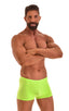 mens square cut swimsuit boxer trunks in neon lime by skinz swimwear; Mens square Cut Seamless Swim Trunks in ThinSKINZ Neon Lime, Rear View; Mens square Cut Se