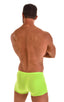 mens square cut swimsuit boxer trunks in neon lime by skinz swimwear; Mens square Cut Seamless Swim Trunks in ThinSKINZ Neon Lime, Rear View; Mens square Cut Se