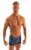 mens 2022 best seller square cut swim trunks boxer swimsuit in semi sheer dark water print; Square Cut Seamless Swim Trunks in Super ThinSKINZ Deep Water, Rear 