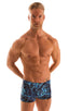 mens 2022 best seller square cut swim trunks boxer swimsuit in semi sheer dark water print; Square Cut Seamless Swim Trunks in Super ThinSKINZ Deep Water, Rear 
