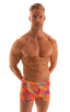 Square Cut Seamless Swim Trunks in Tan Through Orange Jungle, Front View; Square Cut Seamless Swim Trunks in Tan Through Orange Jungle, Rear View; Square Cut Se