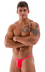 most popular mens sexy micro bikini in ThinSKINZ Neon Coral semi sheer; Sunseeker Micro Pouch Half Back Bikini in ThinSKINZ Neon Coral, Rear View; Special Order