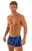mens swimwear square cut boxer style swimsuit in Laser Blue Lightning; Square Cut Seamless Swim Trunks in Laser Blue Lightning, Rear View; Square Cut Seamless S