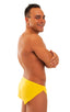 mens sexy swimsuit bikini cover up split shorts in Citron Yellow; Swimsuit Cover Up Split Running Shorts in Citron Yellow, Rear View; Special Order Notice; Swim